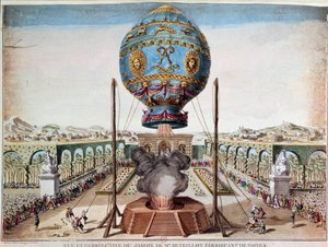 1783年10月19日、パリのサン・アントワーヌ地区にあるMonsieur Reveillonの庭でのモンゴルフィエール兄弟の体験。デスレーズによるエングレーヴィング Claude Louis Desrais (1746-1816) 作： Claude Louis Desrais