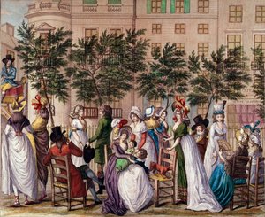 管理委員会の下でのファッション。"Le petit Coblenz」、パリのプロムナードBoulevard des Italians。Claude Louis Desrais (1746-1816)によるリトグラフ 1798年。パリ、カルナヴァレ美術館 作： Claude Louis Desrais
