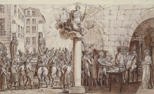 1812年、コンシェルジュリーで未亡人のモーリンと彼女の娘のアンジェリークデラポルテが強盗罪で公の場に拘束され、暴力で罰せられた（ペン、ペン、インク、ウォッシュオンウォッシュ） 作： Claude Louis Desrais