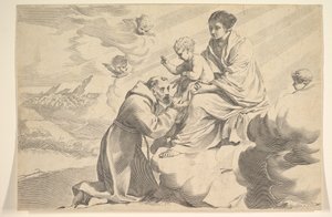 聖母マリアのラップでキリストの子供を崇拝するアッシジの聖フランシス。 作： Claude Mellan