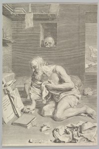 聖ジェロームが彼の独房で祈る聖ジェローム刑務所、1665年。 作： Claude Mellan