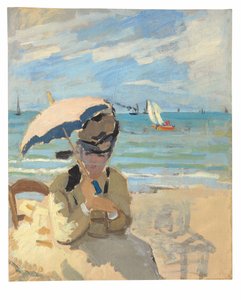 トルヴィルのビーチに座っているカミーユ 作： Claude Monet