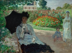 庭でカミーユ、ジャンと彼のメイド 作： Claude Monet
