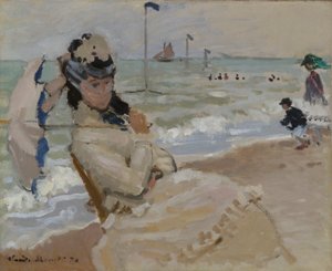 トルヴィルの浜辺のカミーユ 作： Claude Monet