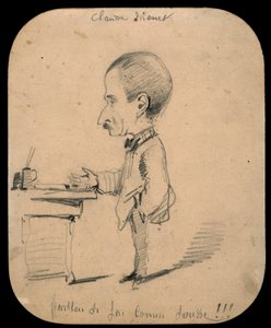 机のそばに立つ男の似顔絵 (直筆); プロファイルの男性の頭のスケッチ (裏面) 作： Claude Monet