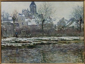 ヴェトゥイユの雪の影響」または「ヴェトゥイユの教会、雪」 クロード・モネ（1840-1926）の絵画 1878/79年。薄暗い。0,53 x 0,71m。パリ、オルセー美術館（Musee d