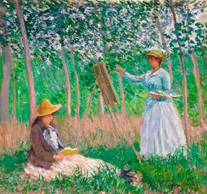 ジヴェルニーの森の中で：スザンヌホシェデリーディングとの彼女のイーゼルでのブランシュホシェデ、1887 作： Claude Monet