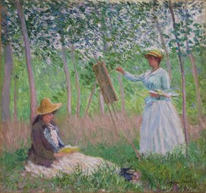 ジヴェルニーの森の中で：1887年にスザンヌホシェデが朗読するイーゼルでのブランシュホシェデ 作： Claude Monet