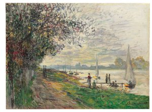 プティジェヌヴィリエの銀行、夕日、1875年 作： Claude Monet