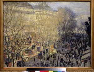 「Le boulevard des Capucines」パリのオペラ地区の通行人や交通の群れ。 クロード・モネ (1840-1926) の絵画。 キャンバスに油彩。 印象派。 1873. Dim. 61x80 cm プーシキン美術館、モスクワ