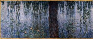 柳のある澄んだ朝」（木に油彩、200×425cmの三連作の左部分）、1914-1926年、クロード・モネ（1840-1926）作。クロード・モネ（1840-1926）作。オランジュリー美術館。- 睡蓮、柳のある澄んだ朝（三部作の左部分、木の上の油彩、200 x