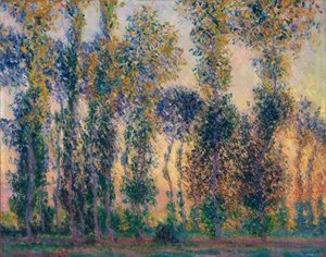 ジヴェルニー (フランス) のポプラ、日の出。 クロード・モネ (1840-1926) の絵画、キャンバスに油彩 作： Claude Monet