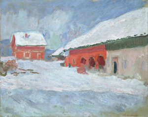 ノルウェー、ビョルネゴールの赤い家、1895 作： Claude Monet