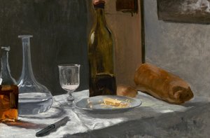 ボトル、カラフェ、パン、ワインのある静物 c. 18621863.