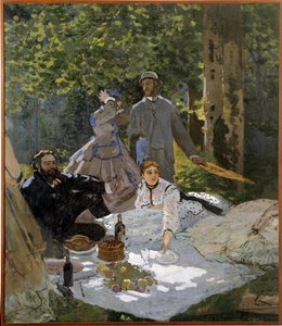 芝生の上での朝食（中央にフレデリック・バジル（1841-1870）、ゴーシュにカミーユ・ドンシュー（1847-1879）とギュスターヴ・クールベ（1819-1877）の肖像がある 作： Claude Monet
