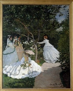 庭の女性たち アヴレイの街 花畑にいる若い女性たちのグループ。クロード・モネ（1840-1926）の絵画。1867.薄暗い。2,55 x 2,05 m. パリ、オルセー美術館 作： Claude Monet