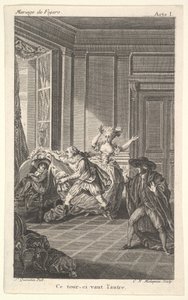 椅子に丸くなった男が、左から彼に近づく別の男の方を見る。 1784年。 作： Claude Nicolas Malapeau
