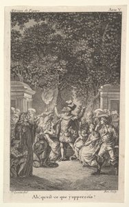 少年は庭の木の下で松明を握り、中央では男が両腕を上げます。 1784年。 作： Claude Nicolas Malapeau