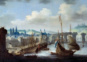 ルーアンの街の眺め船はセーヌ河岸に係留されています。クロード・デ・ヨングによる絵画 作： Claude de Jongh