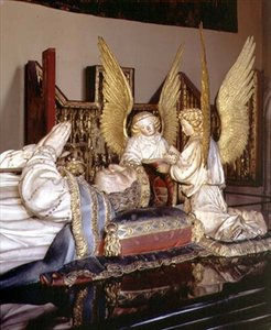 ジャン・ド・マルヴィル（d.1389）、クラウス・スルター（d.1405/6）、クラウス・デ・ヴェルヴ（c.1380-1439）がシャンモール修道院のために制作した、ブルゴーニュ公フィリップ・ザ・ボールド（1342-1404）の墓から出土した肖像画と2人の天使の詳細です。 作： Claus and Marville Jean de Sluter