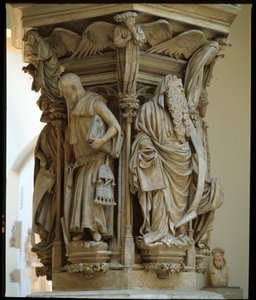 モーゼの井戸 - オランダ人芸術家クラウス・スリューター（1340-1405/6）の最高傑作とされる彫刻 - フランドルゴシック美術：クラウス・スリューター（1350-1406）によるダニエル、ザッカリー、イザヤ（左）、モーゼ（右）、エレミー、ダヴィッドを表現した台座。 作： Claus Sluter