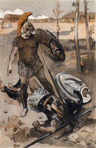 ヘクターの死: ヘクトールはアキレスに殺される。 クレメント ゴンティエ (1876-1918) によるホメレの「イリアス」 (オメロ) の挿絵。 パリ、アンリ・ローレンス