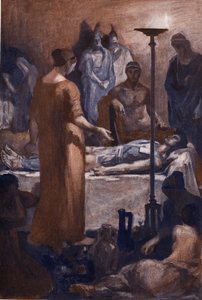 ブリセイスの苦情（パトクレスの傷を見て）。 クレメント ゴンティエ (1876-1918) によるホメレの「イリアス」 (オメロ) の挿絵。 パリ、アンリ・ローレンス 作： Clement Gontier