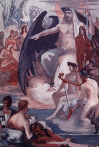 トロイの木馬やギリシア人を救出するジュピターの防衛。 クレメント ゴンティエ (1876-1918) によるホメレの「イリアス」 (オメロ) の挿絵。 パリ、アンリ・ローレンス 作： Clement Gontier