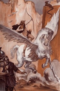 ベレロフォンの歴史: 馬のペガーゼに乗ったベレロフォンがキメアを殺す。 クレメント ゴンティエ (1876-1918) によるホメレの「イリアス」 (オメロ) の挿絵。 パリ、アンリ・ローレンス 作： Clement Gontier
