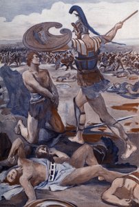 パトクレスの死: ヘクターがパトクレスを殺す。 クレメント・ゴンティエ (1876-1918) によるホメレの「イリアス」 (オメロ) の挿絵。 パリ、アンリ・ローレンス 作： Clement Gontier