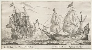 さまざまな船とアムステルダムの景色 (Verscheÿde Ships and Gesichten van Amstelredam)、パート II: 自由、戦争の男。 スペインの船、ウルフハウンド 作： Clement de Jonghe