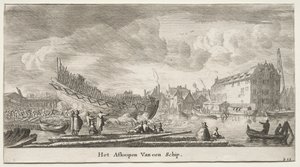 さまざまな船とアムステルダムの景色 (Verscheÿde Ships and Gesichten van Amstelredam)、パート II: 船の進水 作： Clement de Jonghe