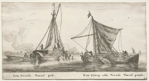 アムステルダムのさまざまな船と景色 (Verscheÿde Ships and Gesichten van Amstelredam)、パート II: A Frisian Peat Barge。 ディーノップ、Veensche Peat Pond の近く 作： Clement de Jonghe