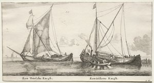 さまざまな船とアムステルダムの景色 (Verscheÿde Ships and Gesichten van Amstelredam)、パート II: A Frisian Bilander. ヘルダーランド・バイランダー 作： Clement de Jonghe