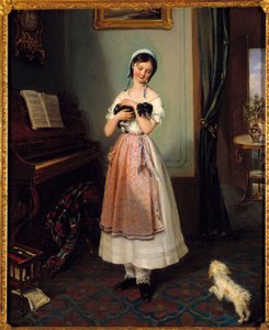 2 匹の犬とブルジョアのインテリアで若い女の子。 Clementine de Bar (1807-1856) による絵画 19 世紀のパリ、ギャラリー ガロッシュ 作： Clementine de Bar
