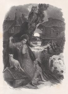 夜、18 世紀の衣装を着た少女のビネット。裏面でバラを摘みます。 1830～65年。 作： Célestin Nanteuil