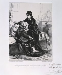 普仏戦争1870-1871。看護と栄養補給を受ける負傷した兵士。Clement August AndrieuxがGardes Nationalesに描いた一連のリトグラフより。 作： Clément Auguste Andrieux