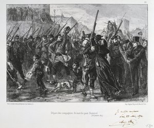 普仏戦争1870-1871。1871年1月19日、Versailles近くのBuzenval (Mount Valerien)の戦い。戦闘と敗戦に向けて行進するガルド・ナショナル。Clement August AndrieuxによるGardes Nationalesに関する一連のリトグラフより。