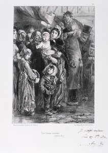 普仏戦争1870-1871。パリの包囲戦 1870年9月19日-1871年1月28日1871年1月、パリの国民のための炊き出し場。Clement August AndrieuxによるGardes Nationalesの一連のリトグラフより。食糧不足 飢餓 作： Clément Auguste Andrieux