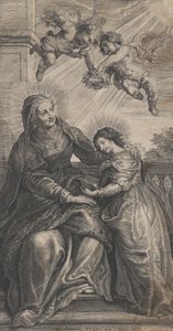 聖アンナと聖母マリアが 2 人で読書をしている聖母の教育。 1700-24。 作： Coenrad Waumans