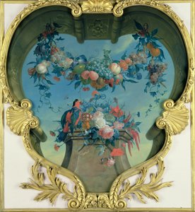 花のある台座と赤緑のオウムの上にぶら下がっている果物の花綱c。 1730-31 作： Coenraet Roepel