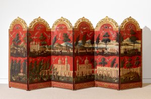 ビオンボとメキシコ・シティの眺め（油彩、朱蒔絵、パネル、金箔台紙・麻布張り） 作： Colonial Spanish