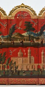 ビオンボとメキシコ・シティの眺め（油彩、朱蒔絵、パネル、金箔台紙・麻布張り） 作： Colonial Spanish