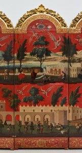 ビオンボとメキシコ・シティの眺め（油彩、朱蒔絵、パネル、金箔台紙・麻布張り） 作： Colonial Spanish