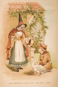 オールドマザーグースと彼女の息子、ジャック、「オールドマザーグースの韻と物語」の表紙、フレデリックワーンウント社発行、1890年代（クロモリト）