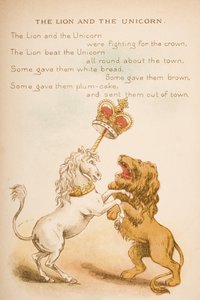 ライオンとユニコーン、「古いマザーグースの韻と物語」から、フレデリックワーンウント社発行、1890年代（クロモリト） 作： Constance Haslewood
