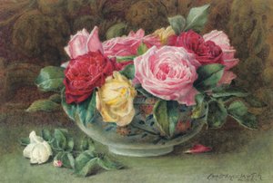 ピンク、黄色、赤のバラのボウルのある静物、1883年 作： Constance Lawson