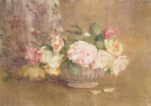 ピンク、イエロー、ホワイトのバラのボウル (紙に水彩) 作： Constance Walton