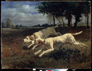 走っている犬。 コンスタント トロヨン (1810-1865) の絵画。 キャンバスに油彩、75 x 11 cm 作： Constant Emile Troyon