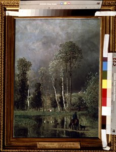 進行中の嵐。 コンスタント トロヨン (1810-1865) の絵画。 木に油彩、53 x 38.5 cm 作： Constant Emile Troyon